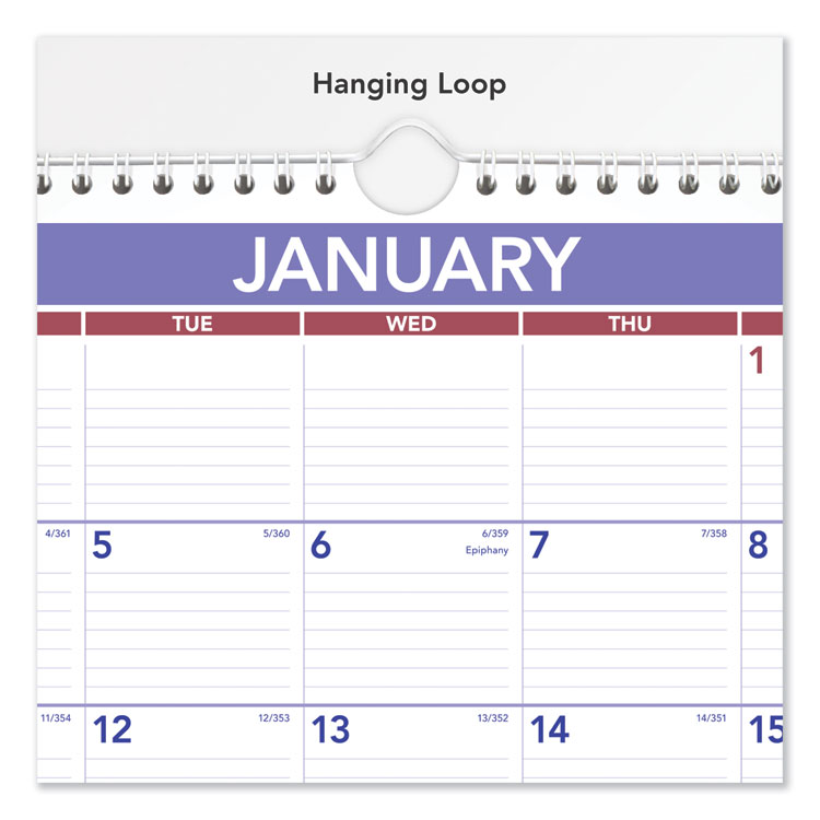 Monthly Wall Calendar, 15 x 12, White/Red/Blue Sheets, 12-Month (Jan to Dec): 2025