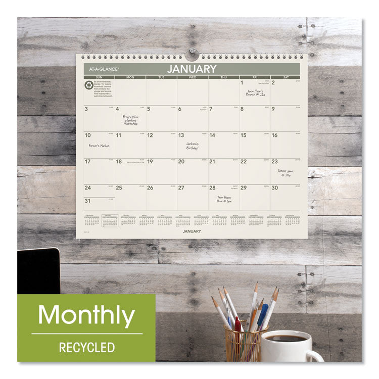 Recycled Wall Calendar, Unruled Blocks, 15 x 12, Sand/Green Sheets, 12-Month (Jan to Dec): 2025