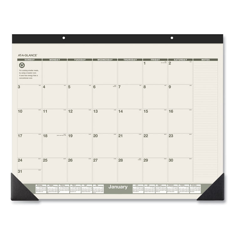 Recycled Monthly Desk Pad, 22 x 17, Sand/Green Sheets, Black Binding, Black Corners, 12-Month (Jan to Dec): 2025