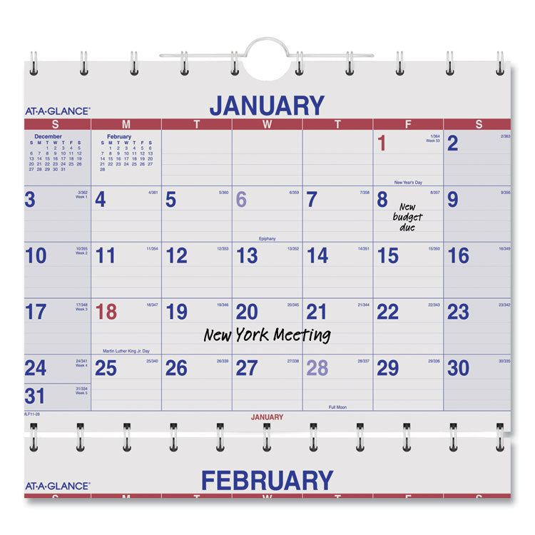 Move-A-Page Three-Month Wall Calendar, 12 x 27, White/Red/Blue Sheets, 15-Month: Dec 2024 to Feb 2026