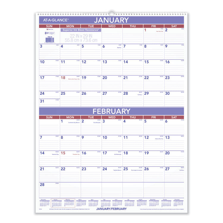 Two-Month Wall Calendar, 22 x 29, White/Blue/Red Sheets, 12-Month (Jan to Dec): 2025