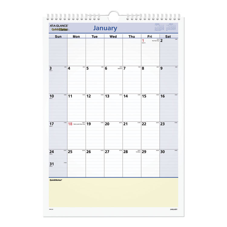 QuickNotes Wall Calendar, 12 x 17, White/Blue/Yellow Sheets, 12-Month (Jan to Dec): 2025