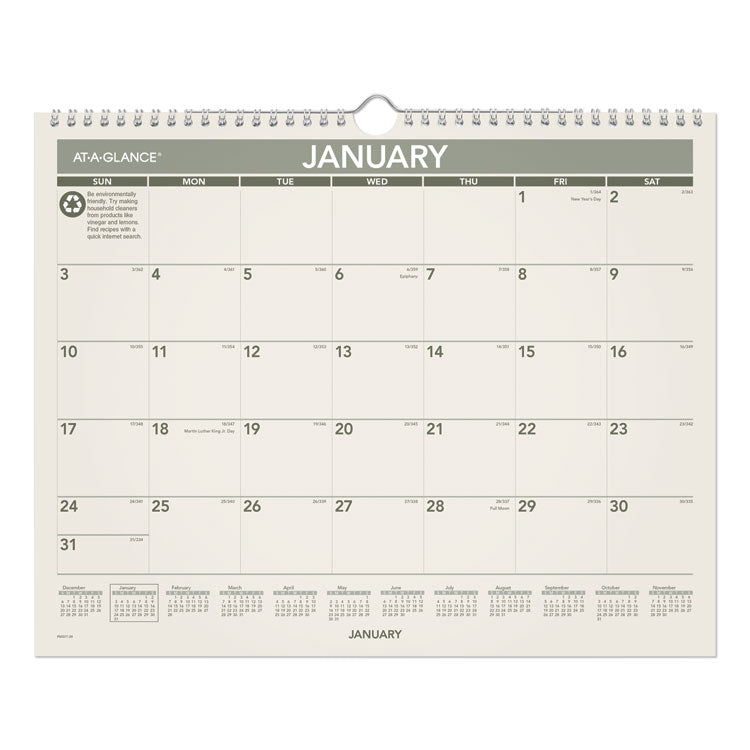 Recycled Wall Calendar, Unruled Blocks, 15 x 12, Sand/Green Sheets, 12-Month (Jan to Dec): 2025
