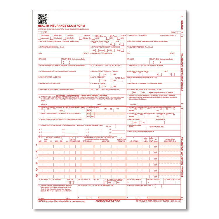 CMS-1500 Health Insurance Claim Form, One-Part (No Copies), 8.5 x 11, 250 Forms Total