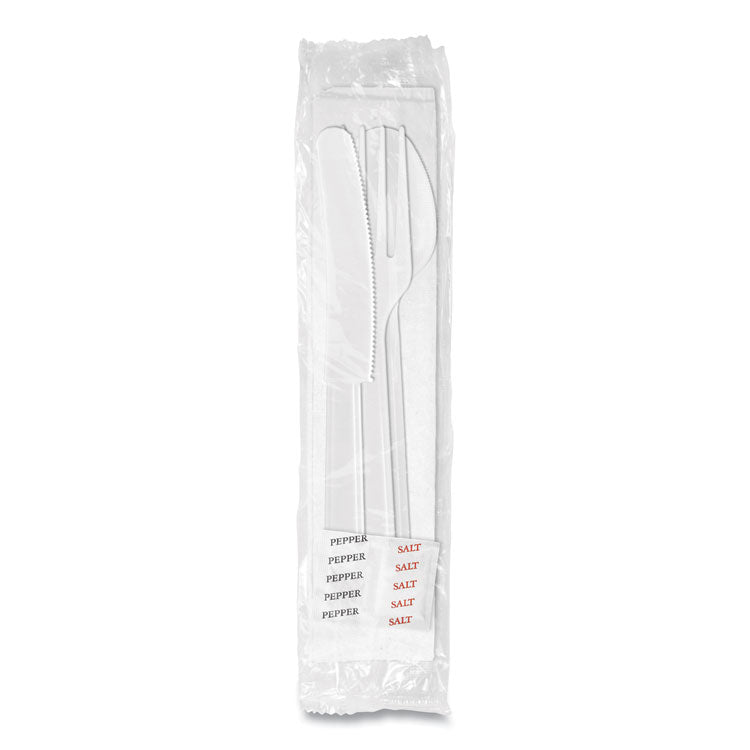 Medium Heavyweight Cutlery Kit, Fork/Knife/Napkin/Pepper/Salt/Spoon, Plastic, White, 250/Carton