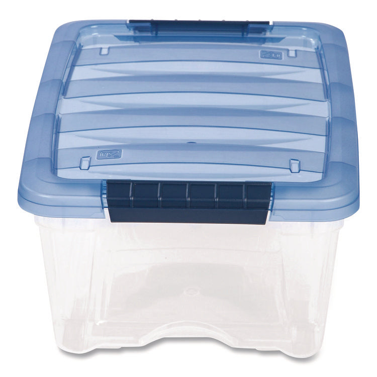 Stack And Pull Latching Flat Lid Storage Box, 3.23 Gal, 10.9" X 16.5" X 6.5", Clear/translucent Blue