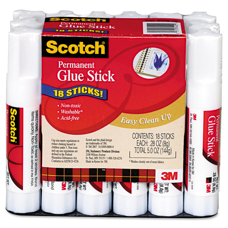 Permanent Glue Stick, 0.28 oz, Dries Clear, 18/Pack
