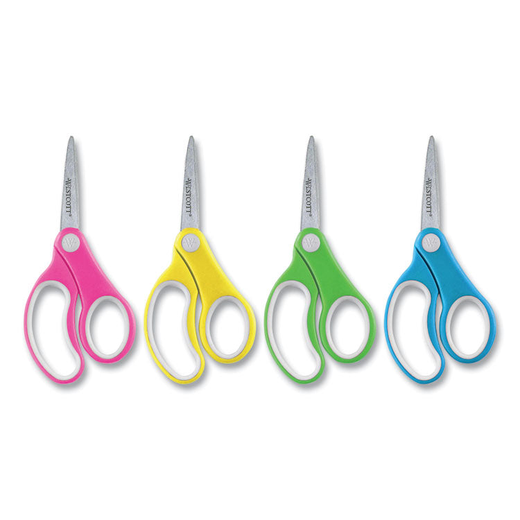 Soft Handle Kids Scissors, Pointed Tip, 5" Long, 1.75" Cut Length, Straight Assorted Color Handles, 12/Pack