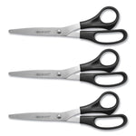 All Purpose Stainless Steel Scissors, 8" Long, 3.5" Cut Length, Offset Black Handle, 3/Pack