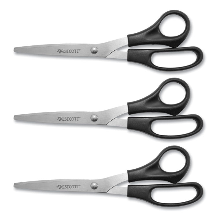 All Purpose Stainless Steel Scissors, 8" Long, 3.5" Cut Length, Offset Black Handle, 3/Pack