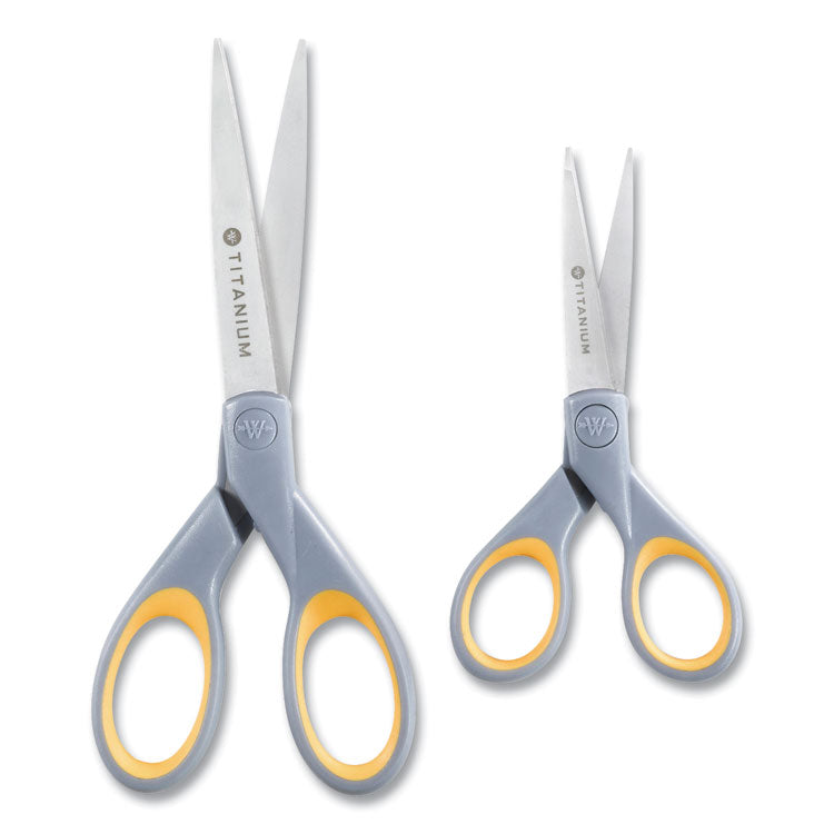 Titanium Bonded Scissors, 5" and 7" Long, 2.25" and 3.5" Cut Length, Straight Gray/Yellow Handle, 2/Pack