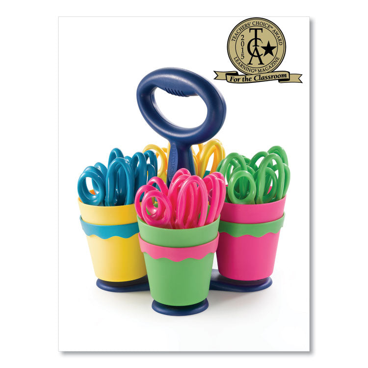 Scissor Caddy with Kids' Scissors, Pointed Tip, 5" Long, 2" Cut Length, Straight Assorted Color Handles, 24/Set