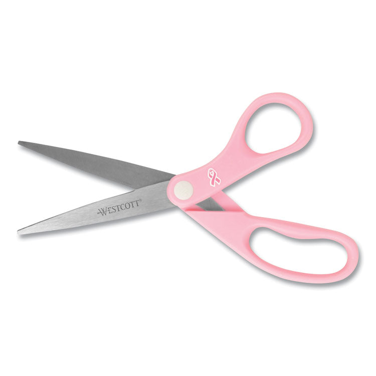 All Purpose Pink Ribbon Scissors, Breast Cancer Awareness, 8" Long, 3.5" Cut Length, Straight Pink Handle