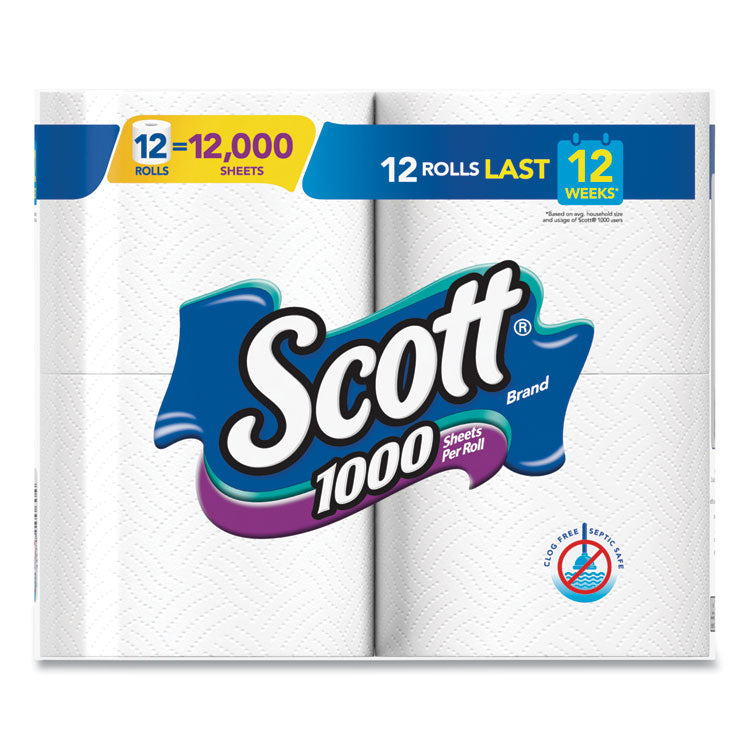Toilet Paper, Septic Safe, 1-Ply, White, 1,000 Sheets/Roll, 12 Rolls/Pack, 4 Pack/Carton