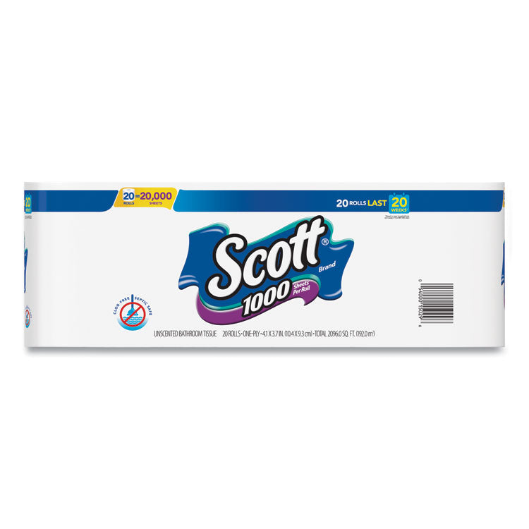 1000 Bathroom Tissue, Septic Safe, 1-Ply, White, 1,000 Sheet/Roll, 20/Pack