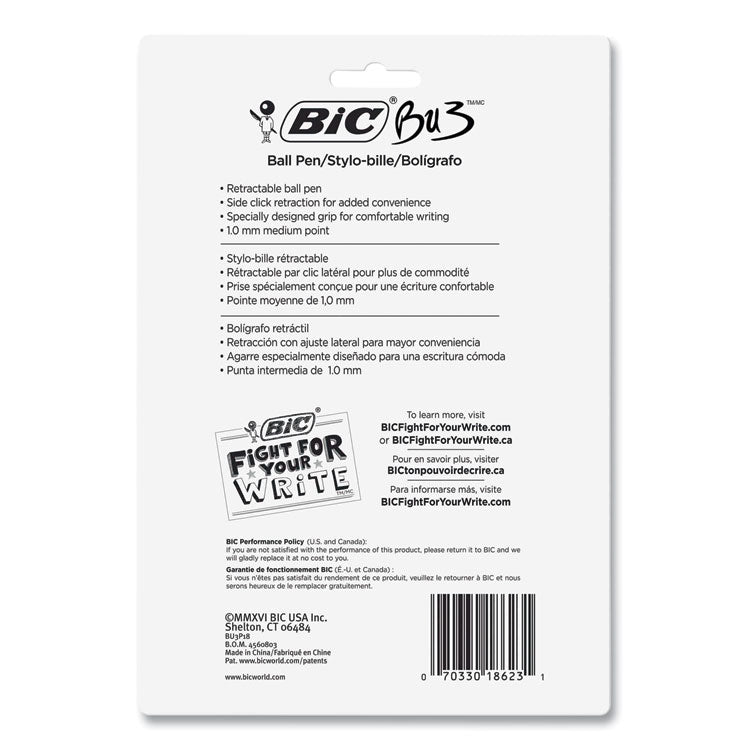 BU3 Ballpoint Pen, Retractable, Medium 1 mm, Black Ink, Smoke/Black Barrel, 18/Pack