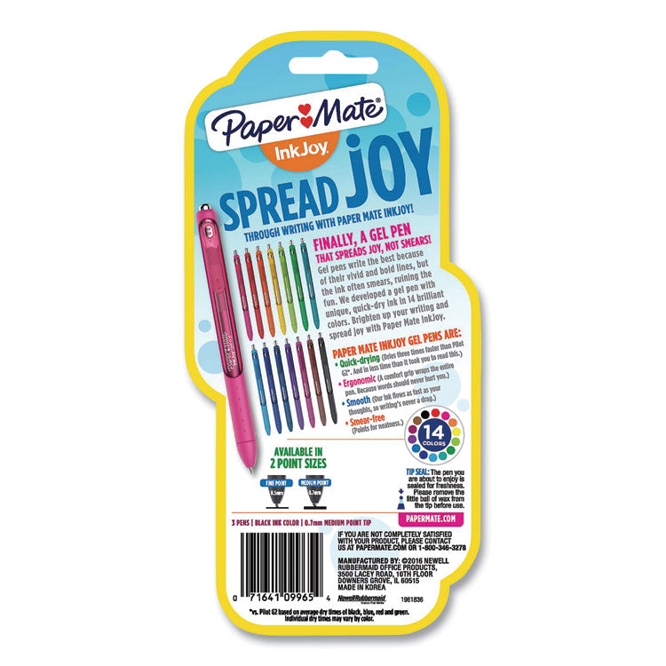 InkJoy Gel Pen, Retractable, Medium 0.7 mm, Black Ink, Black/Smoke Barrel, 3/Pack