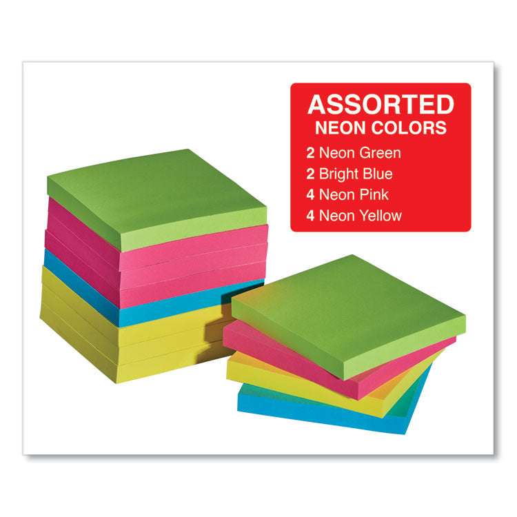 Self-Stick Note Pads, 3" x 3", Assorted Neon Colors, 100 Sheets/Pad, 12 Pads/Pack