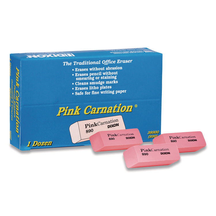 Pink Carnation Erasers, For Pencil Marks, Rectangular Block, Medium, Pink, Dozen