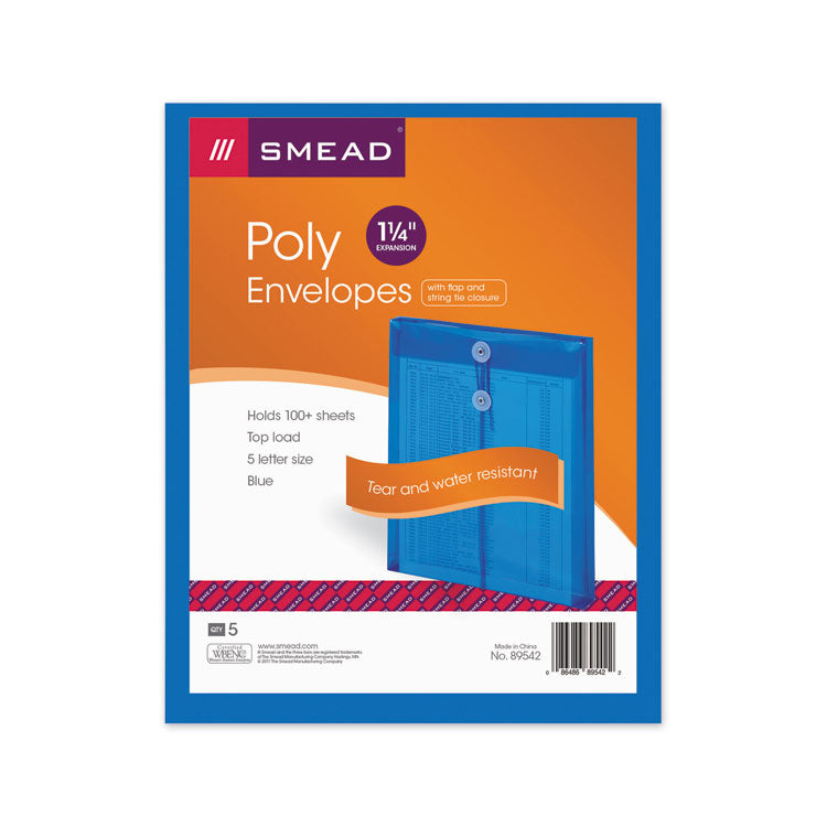 Poly String and Button Interoffice Envelopes, Open-End (Vertical), 9.75 x 11.63, Transparent Blue, 5/Pack
