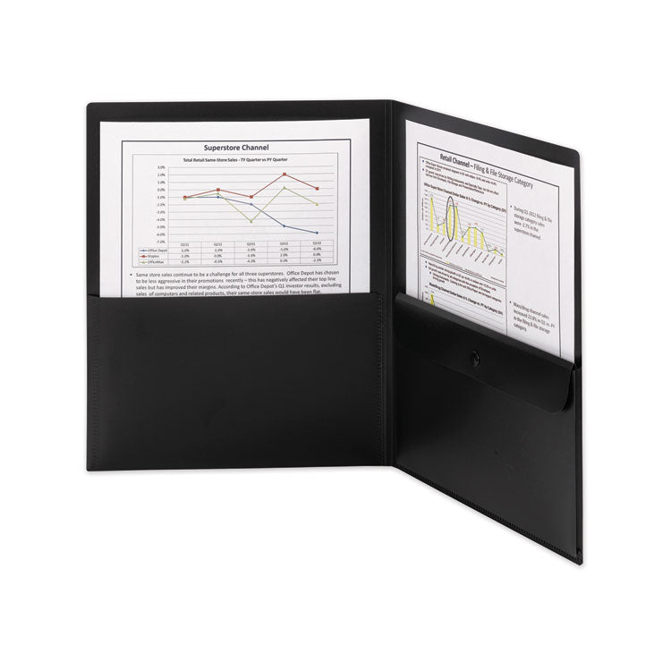 Poly Two-Pocket Folder With Snap Closure Security Pocket, 100-Sheet Capacity, 11 X 8.5, Black, 5/pack