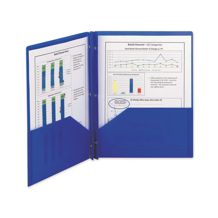 Poly Two-Pocket Folder With Fasteners, 180-Sheet Capacity, 11 X 8.5, Blue, 25/box