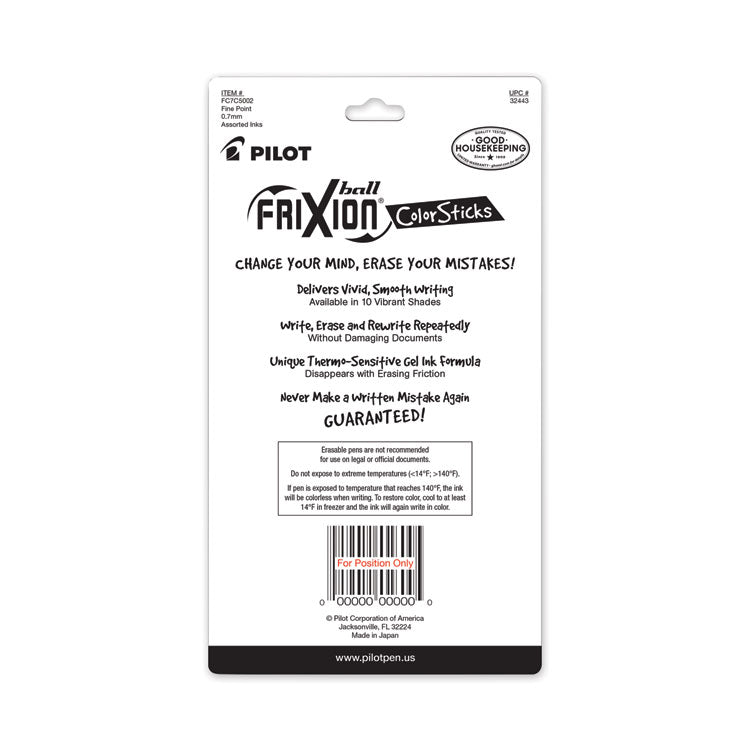 FriXion ColorSticks Erasable Gel Pen, Stick, Fine 0.7 mm, Assorted Ink and Barrel Colors, 5/Pack