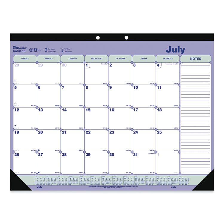 Academic 13-Month Desk Pad Calendar, 21.25 x 16, White/Blue/Green Sheets, Black Headband, 13-Month: July 2025 to July 2026