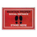 Message Floor Mats, 24 X 36, Red/black, "maintain Social Distance Stand Here"