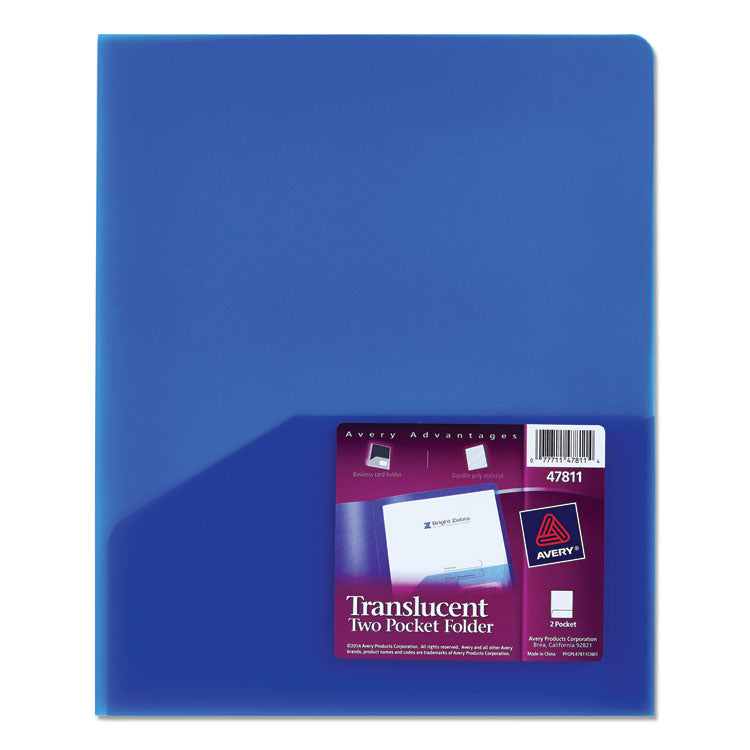 Plastic Two-Pocket Folder, 20-Sheet Capacity, 11 X 8.5, Translucent Blue