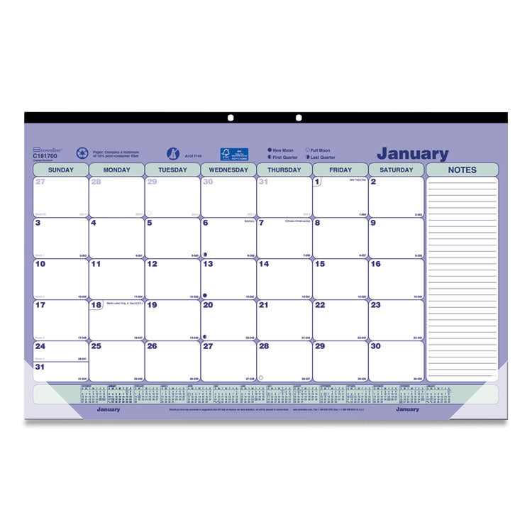 Monthly Desk Pad Calendar, 17.75 x 10.88, White/Blue/Green Sheets, Black Binding, Clear Corners, 12-Month (Jan to Dec): 2025