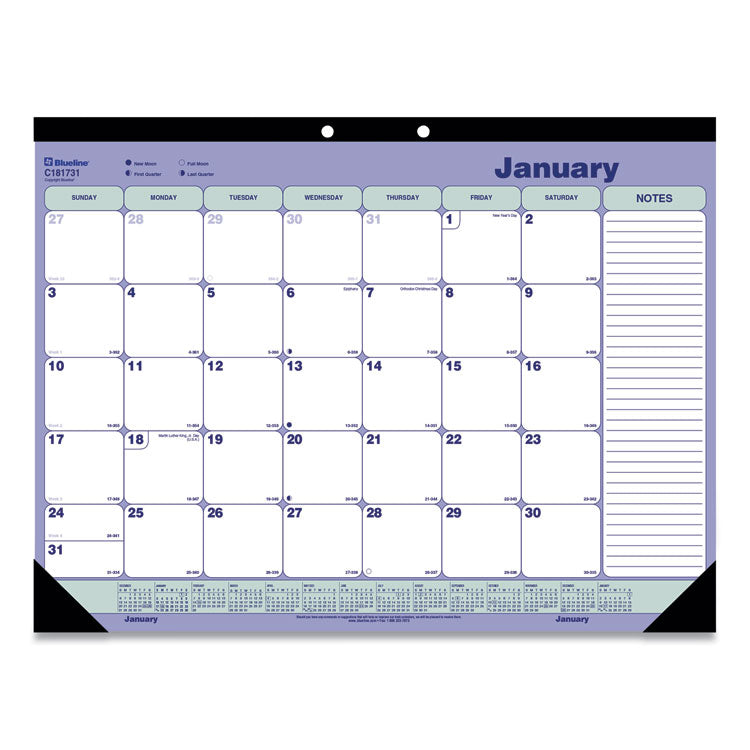 Monthly Desk Pad Calendar, 21.25 x 16, White/Blue/Green Sheets, Black Binding, Black Corners, 12-Month (Jan to Dec): 2025