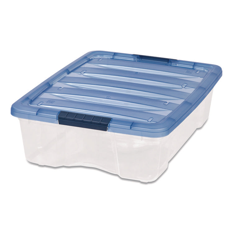 Stack And Pull Latching Flat Lid Storage Box, 6.73 Gal, 16.5" X 22" X 6.5", Clear/translucent Blue