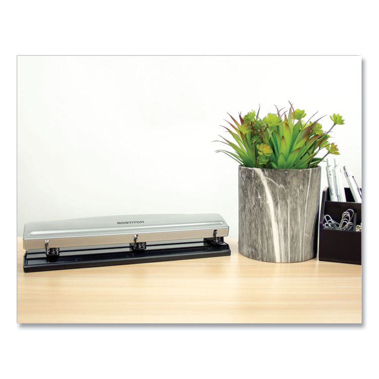 12-Sheet Three-Hole Punch, 9/32" Holes, Silver/black