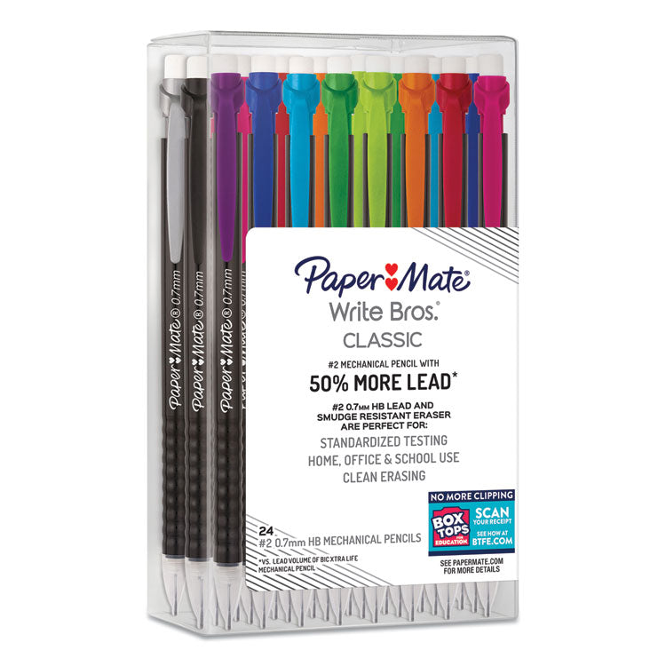 WRITE BROS MECHANICAL PENCIL, 0.7 MM, HB (#2), BLACK LEAD, BLACK BARREL WITH ASSORTED CLIP COLORS, 24/BOX