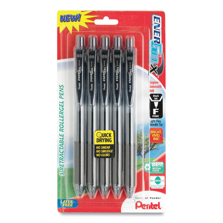 EnerGel-X Gel Pen, Retractable, Medium 0.7 mm, Black Ink, Smoke/Black Barrel, 5/Pack