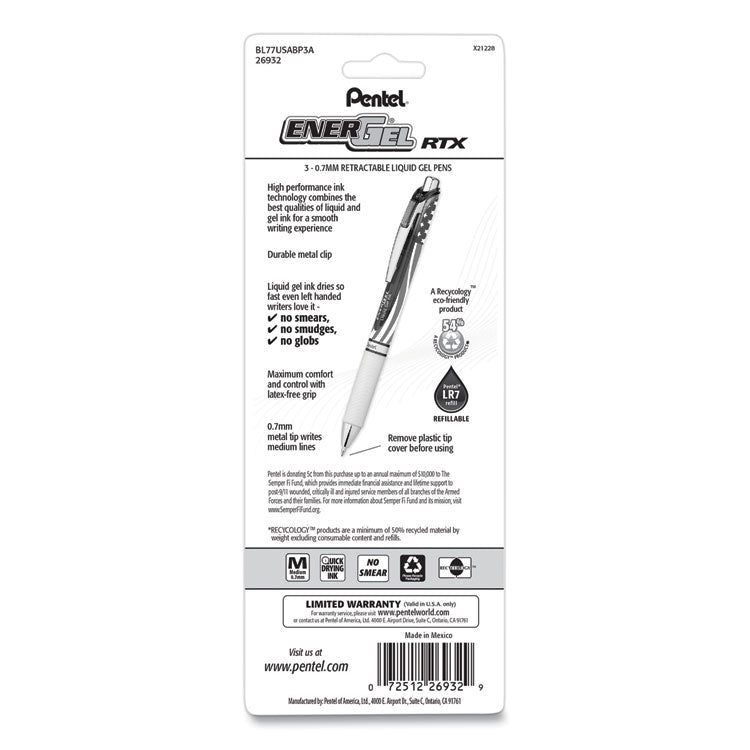 ENERGEL RTX STARS AND STRIPES GEL PEN, RETRACTABLE, MEDIUM 0.7 MM, BLACK INK, RED/WHITE/BLUE BARREL, 3/PACK