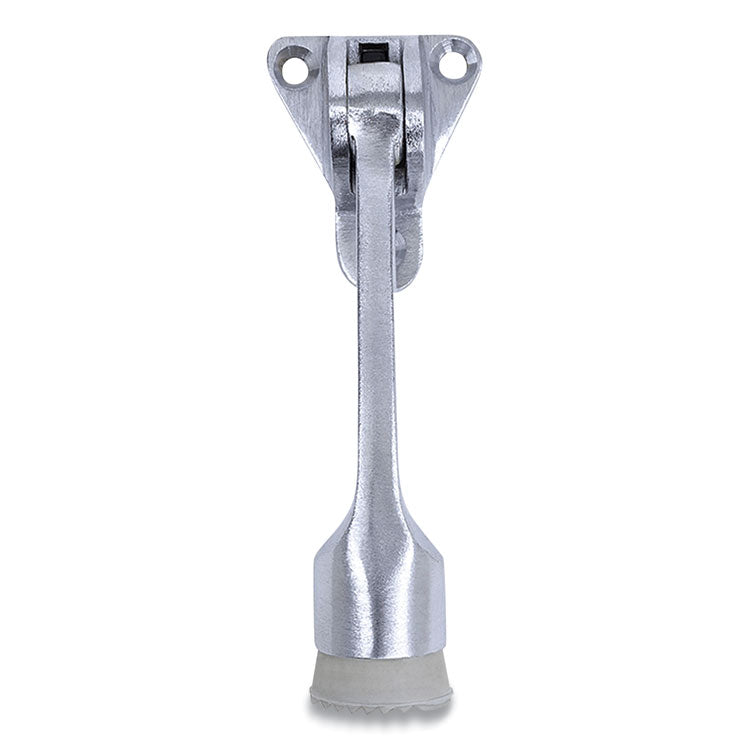 Hinged Kick-Down Door Stop With Triangular Three-Point Mounting Plate, 1" Wide Door Mount, 4.18 Long Stopper, Satin Chrome