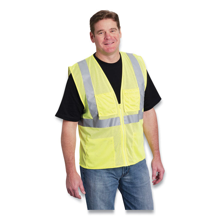 ANSI Class 2 Four Pocket Zipper Safety Vest, Polyester Mesh, 4X-Large, Hi-Viz Lime Yellow