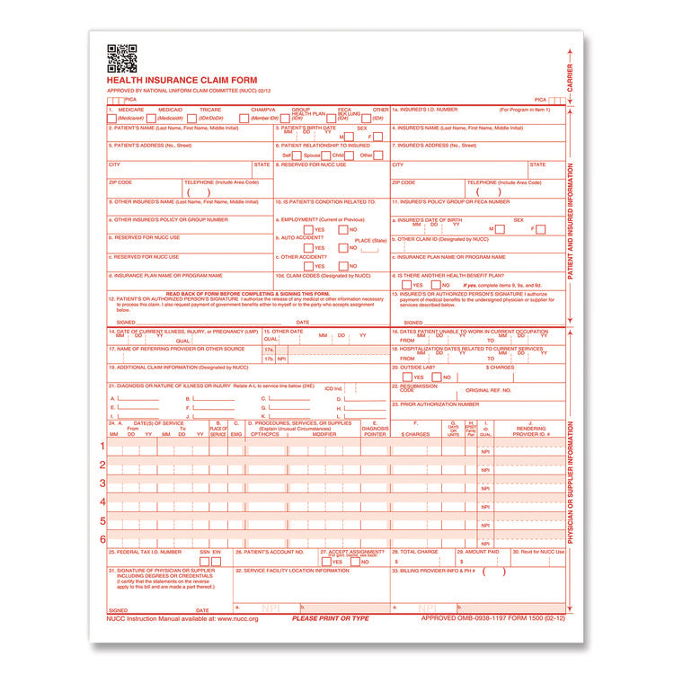 CMS-1500 Health Insurance Claim Form, One-Part (No Copies), 8.5 x 11, 1,000 Forms Total