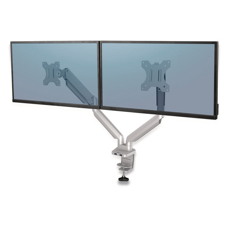 Platinum Series Dual Monitor Arm, For 40" Monitors, 360 deg Rotation, 45 deg Tilt, 180 deg Pan, Silver, Supports 17.6 lb