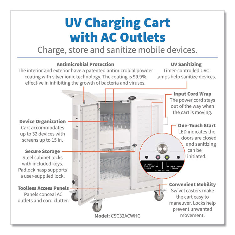 UV Sterilization and Charging Cart, 32 Devices, 34.8 x 21.6 x 42.3, White