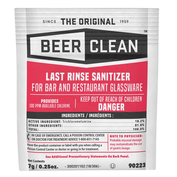Beer Clean Last Rinse Glass Sanitizer, Powder, 0.25 oz Pack, 100/Carton