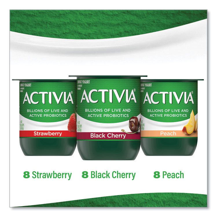 Probiotic Lowfat Yogurt, 4 oz Cups, Black Cherry/Peach/Strawberry, 24/Pack