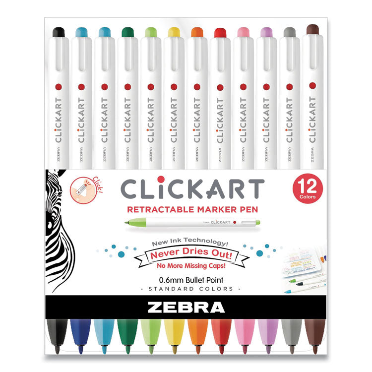 ClickArt Porous Point Pen, Retractable, Fine 0.6mm, Assorted Ink Colors, White Barrel, 12/Pack
