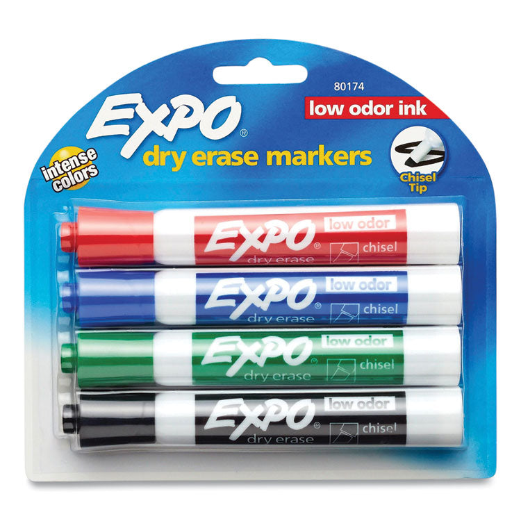 LOW-ODOR DRY-ERASE MARKER, PEGGABLE CARD, BROAD CHISEL TIP, ASSORTED COLORS, 4/PACK