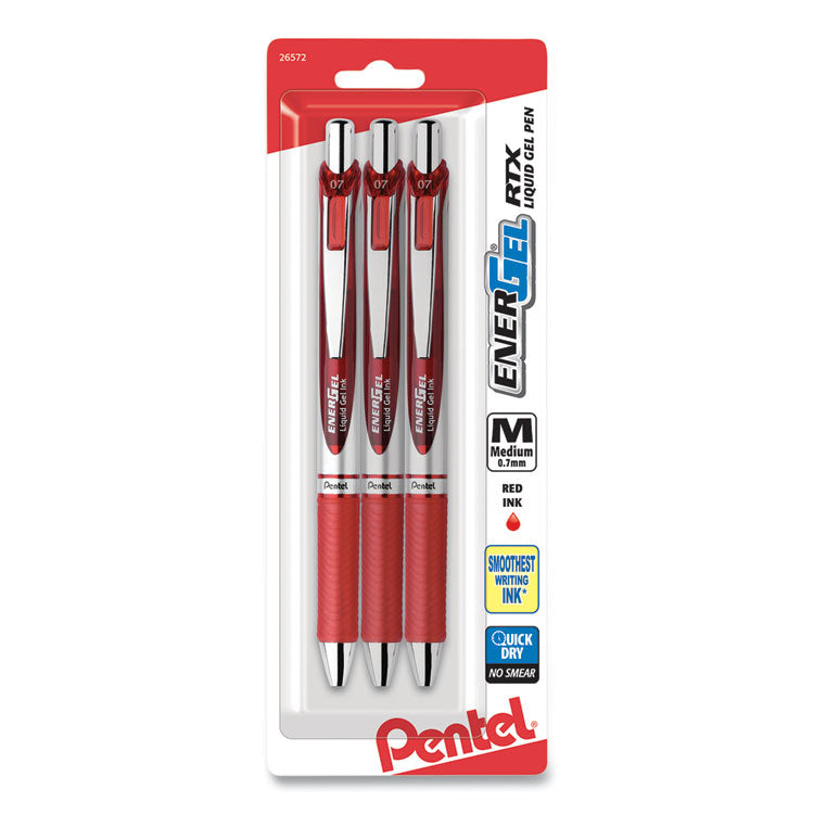 EnerGel RTX Gel Pen, Retractable, Medium 0.7 mm, Red Ink, Red/Gray Barrel, 3/Pack