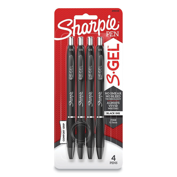 S-GEL HIGH-PERFORMANCE GEL PEN, RETRACTABLE, FINE 0.5 MM, BLACK INK, BLACK BARREL, 4/PACK