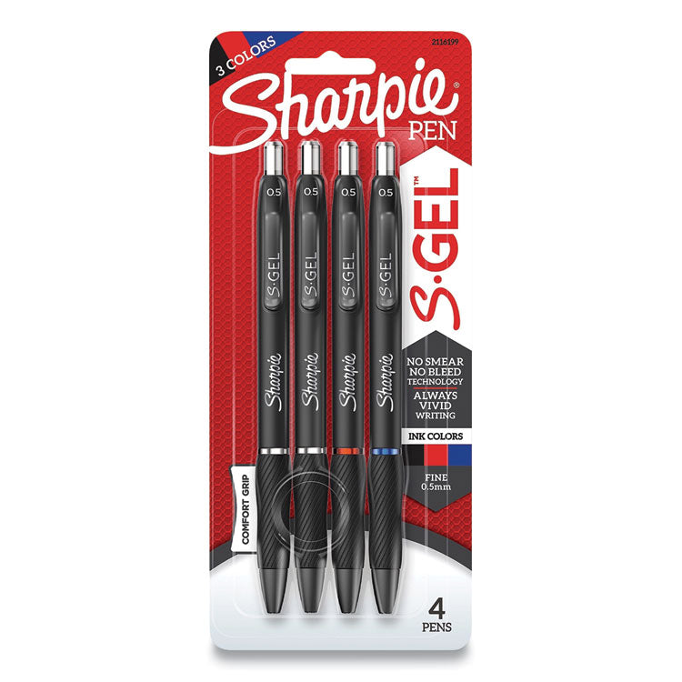 S-GEL HIGH-PERFORMANCE GEL PEN, RETRACTABLE, FINE 0.5 MM, ASSORTED INK COLORS, BLACK BARREL, 4/PACK