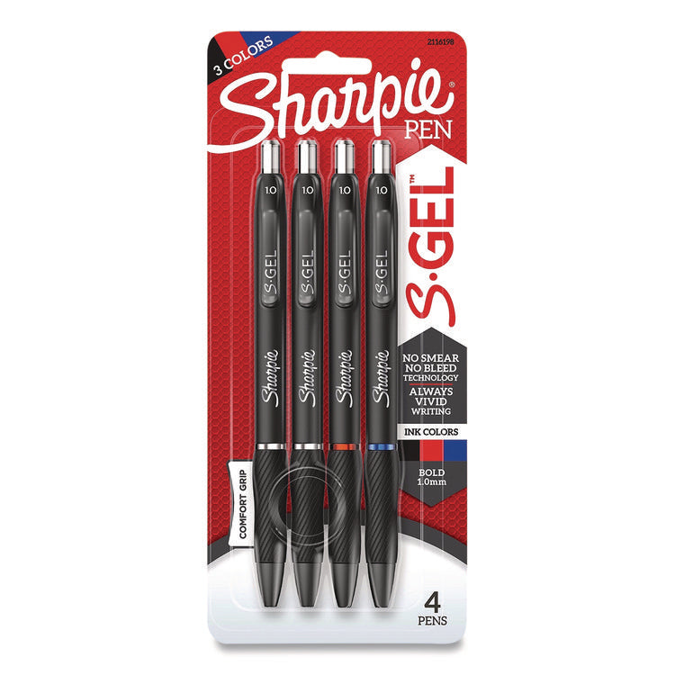 S-Gel High-Performance Gel Pen, Retractable, Bold 1 mm, Assorted Ink Colors, Black Barrel, 4/Pack